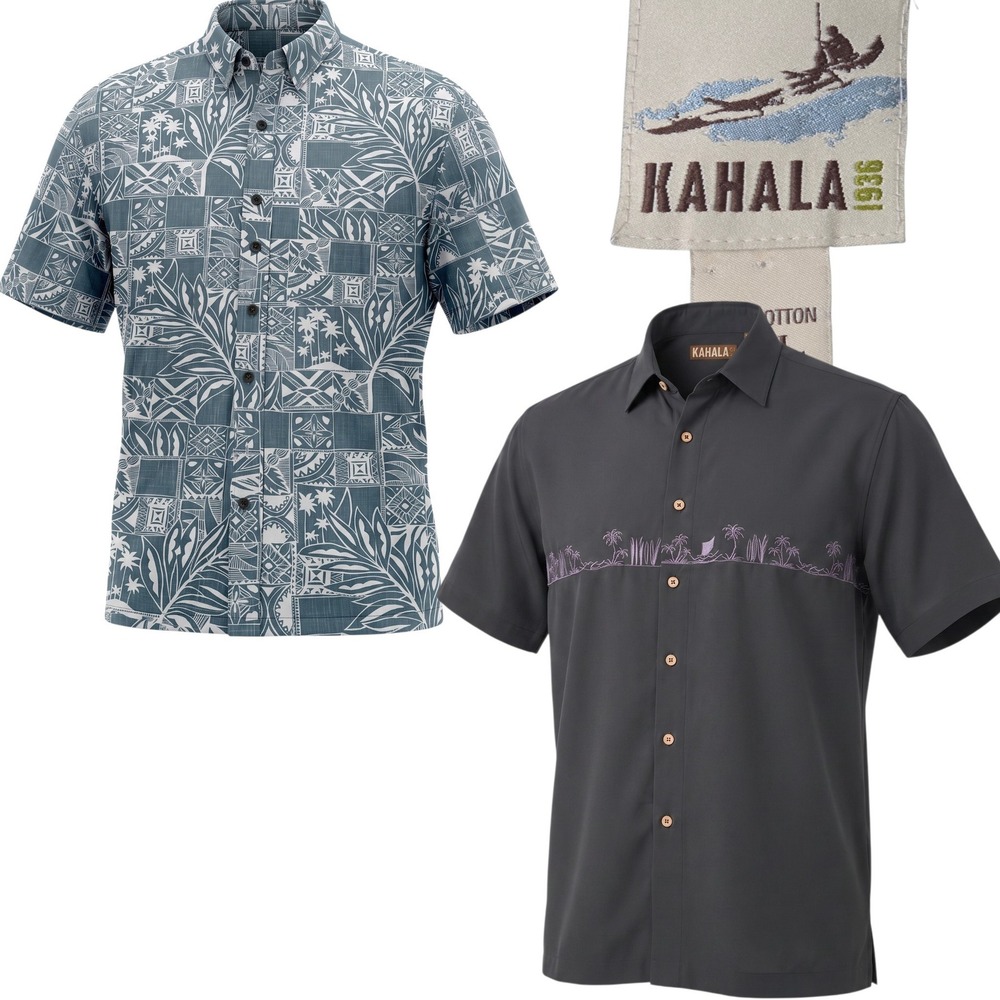 Kahala Button Down Shirt Men 2XL Grey Blue Hawaiian Embroidered Tribal Bundle